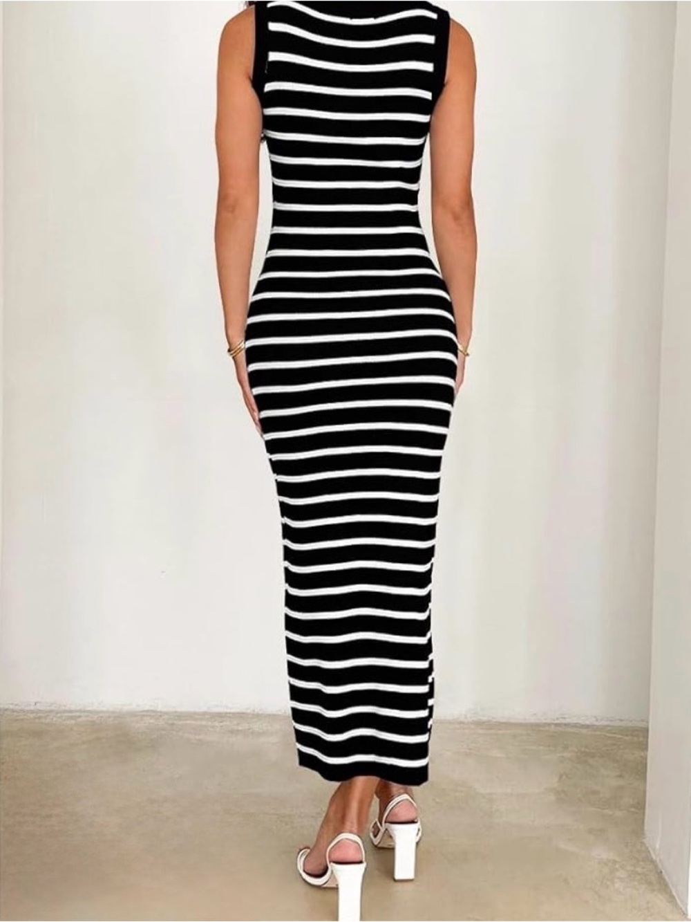 NEW Love Tree Black & White Striped Midi COLLARED V- NECK KNIT Dress SZ L